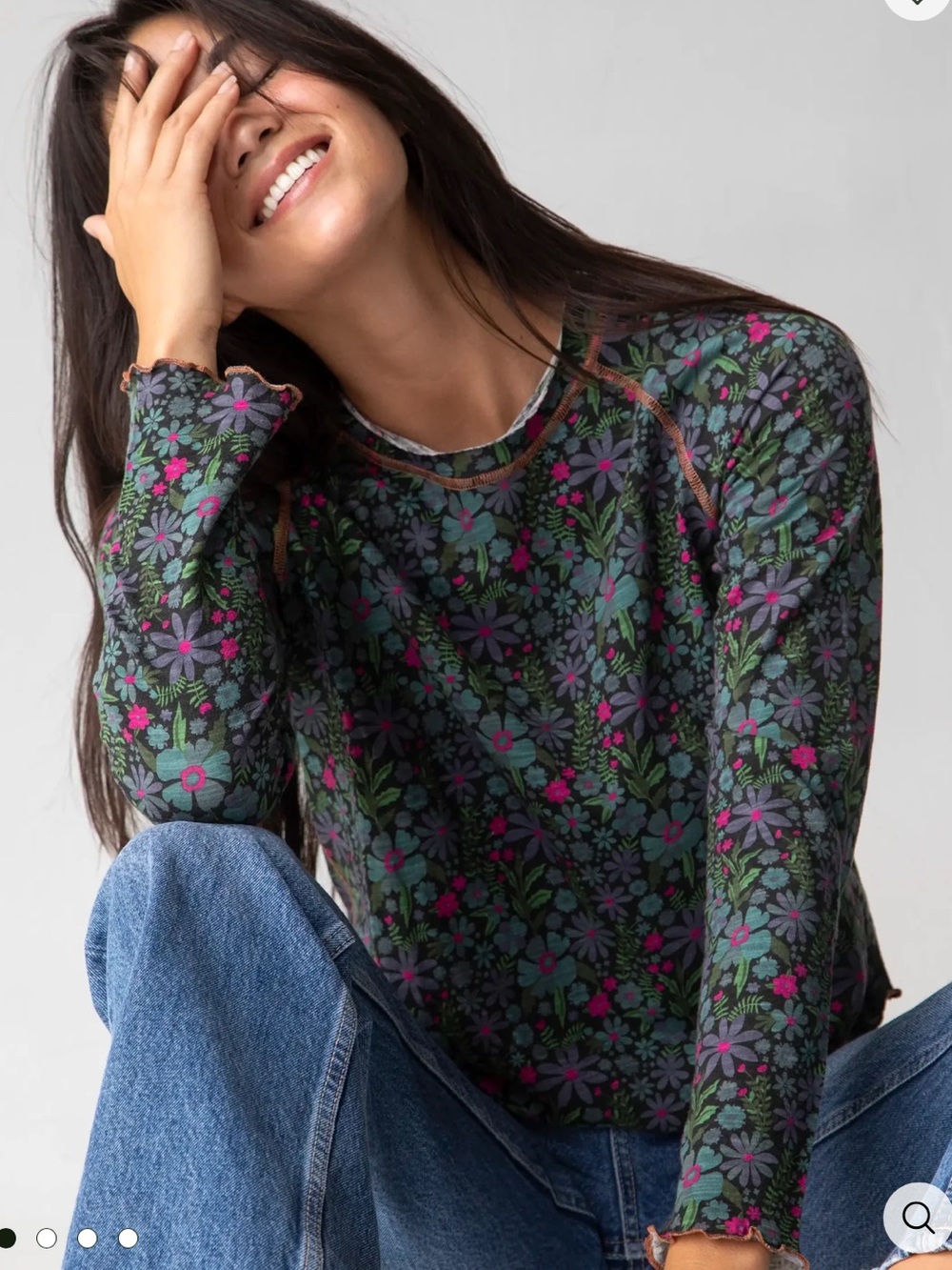 Natural Life Lily Cotton Long Sleeve Tee in Dark Blue Green Floral Size Small